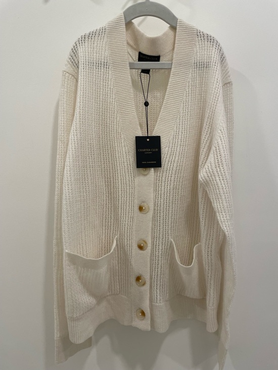 Charter Club Sweaters - Charter Club Cream Open-Weave Button Cardigan